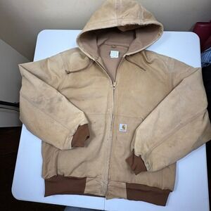 Carhartt J131 BRN Duck Hooded Jacket USA Made Union Quilted Lined Mens L